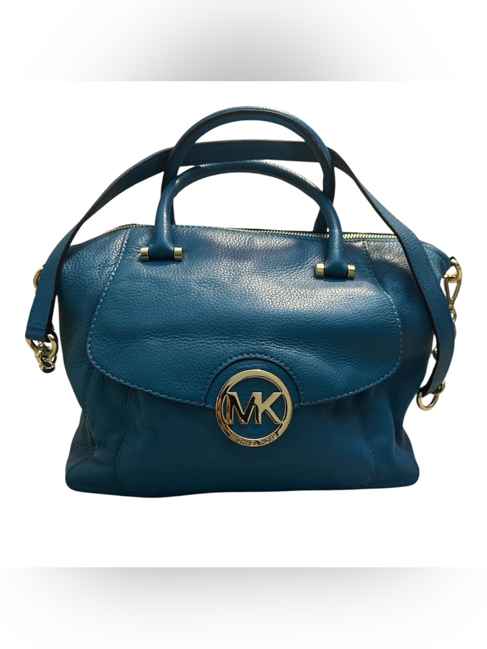 Michael Kors Teal Pebbled Leather Satchel with Gold MK Emblem